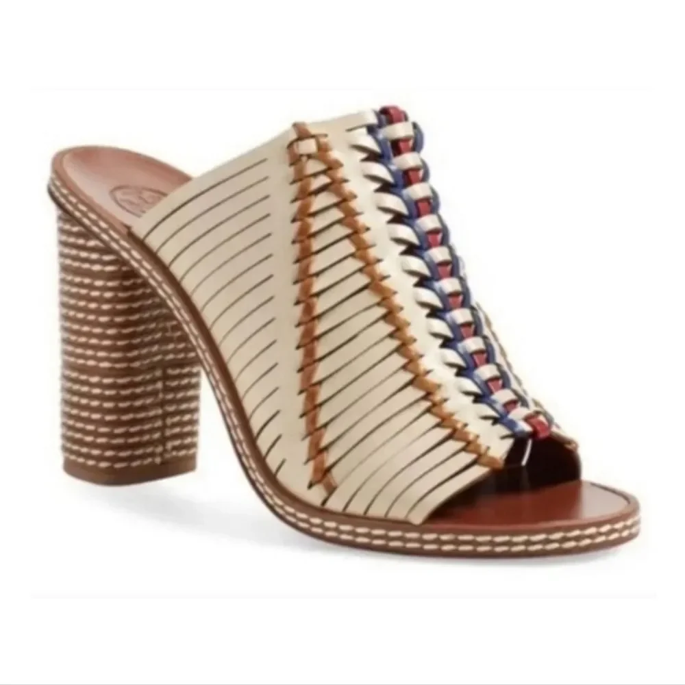 Tory Burch Pecha Woven Leather Stitched Block Heel Mules 8 LIKE NEW!